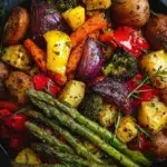 Plate of crispy roasted air fryer vegetables seasoned with herbs