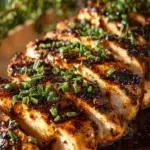 Delicious balsamic baked chicken breast garnished with herbs and served on a plate.