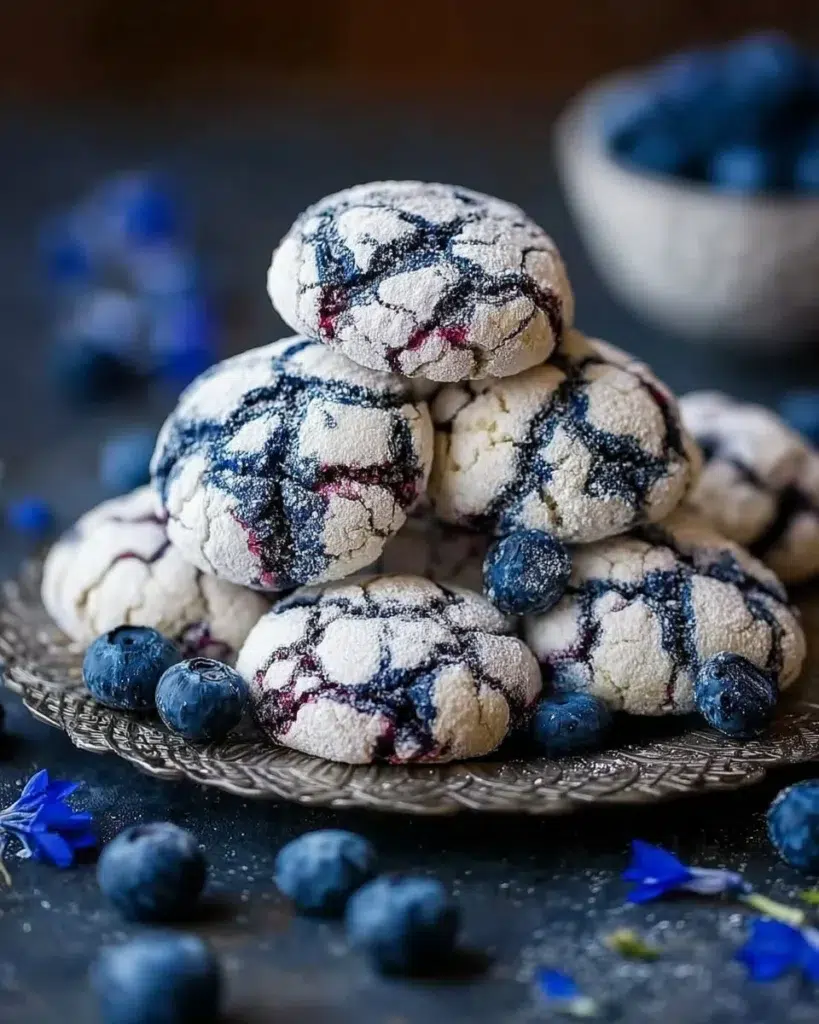 Delicious blueberry crinkle cookies on a baking sheet