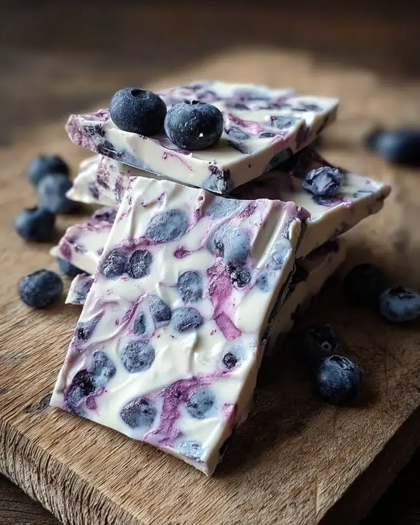 Delicious blueberry yogurt bark topped with fresh blueberries and yogurt.