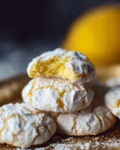 Freshly baked lemon crinkle cookies dusted with powdered sugar on a plate