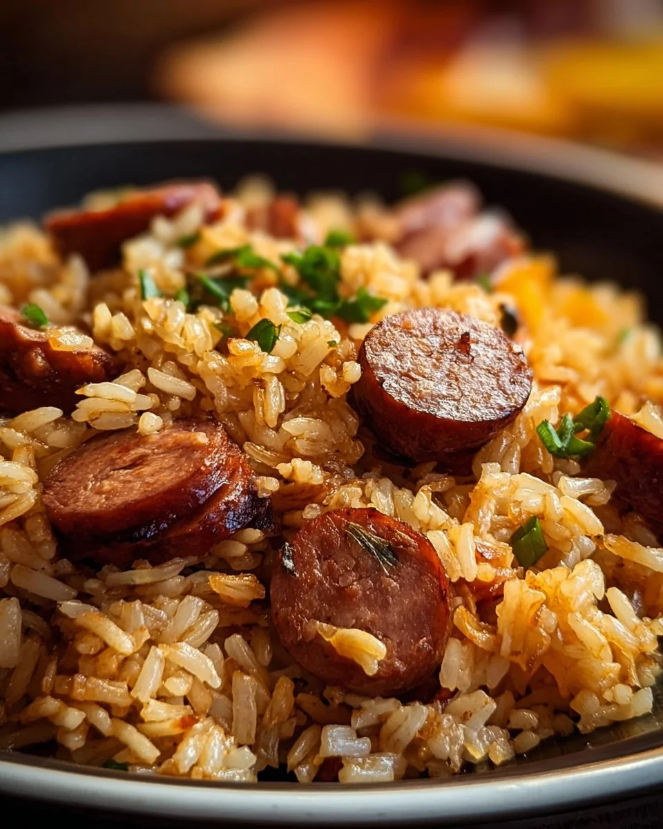 Cajun Sausage and Rice Skillet with colorful ingredients in a frying pan