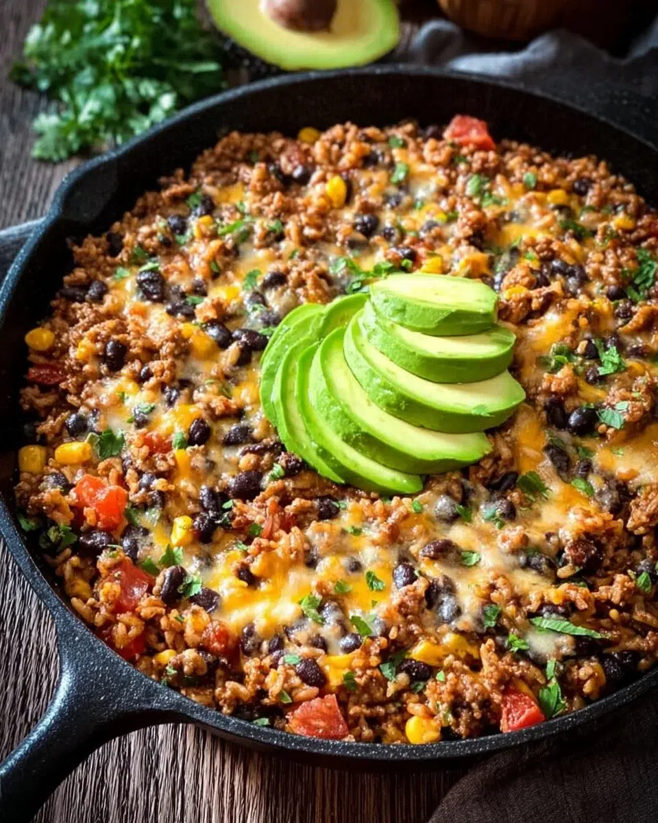 Cheesy Taco Rice Skillet 1 Cheesy Taco Rice Skillet topped with melted cheese and garnished with cilantro