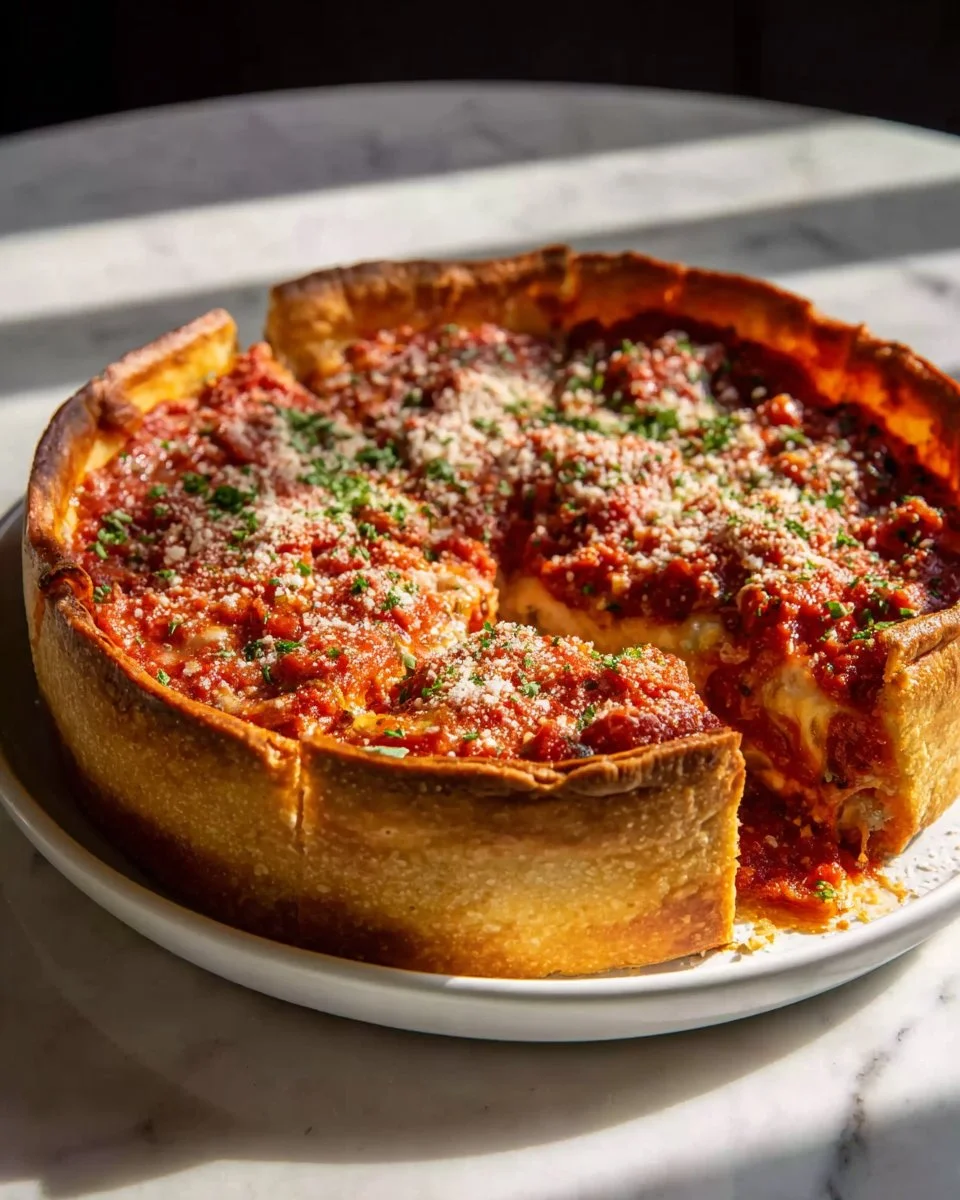 Chicago-style deep dish pizza topped with Italian sausage and melted cheese