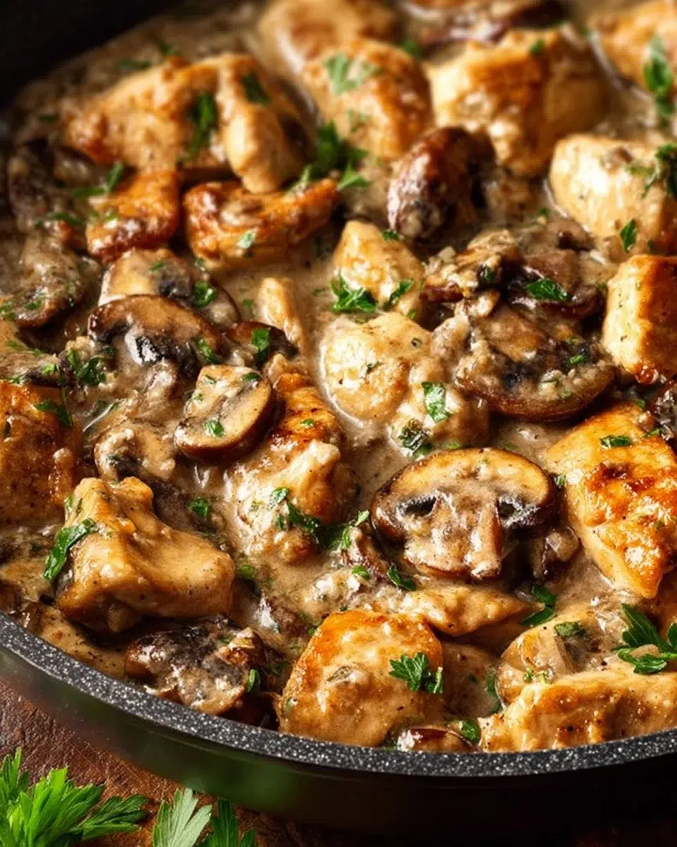Delicious Chicken Stroganoff served with noodles and garnished with parsley