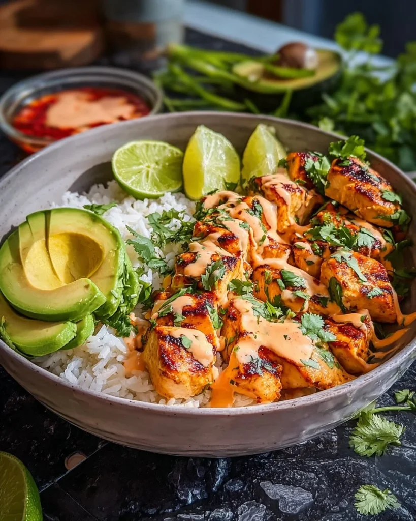 Coconut Chicken Rice Bowl with fresh ingredients and vibrant colors.