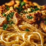 Delicious Cowboy Butter Chicken Linguine topped with fresh herbs and spices.