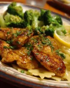 Cowboy Butter Lemon Bowtie Chicken served with broccoli on a plate