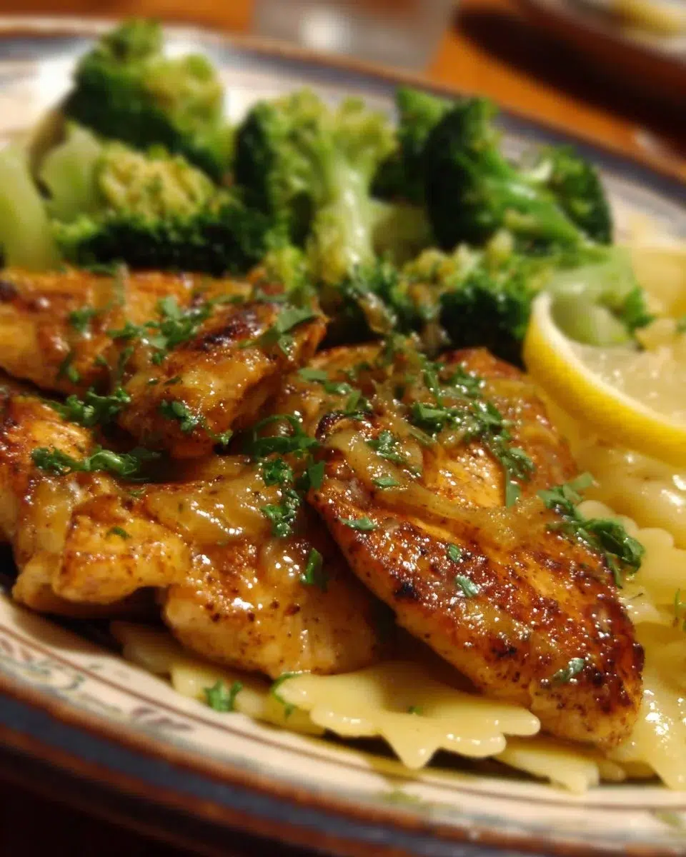 Cowboy Butter Lemon Bowtie Chicken with Broccoli 1 Cowboy Butter Lemon Bowtie Chicken served with broccoli on a plate