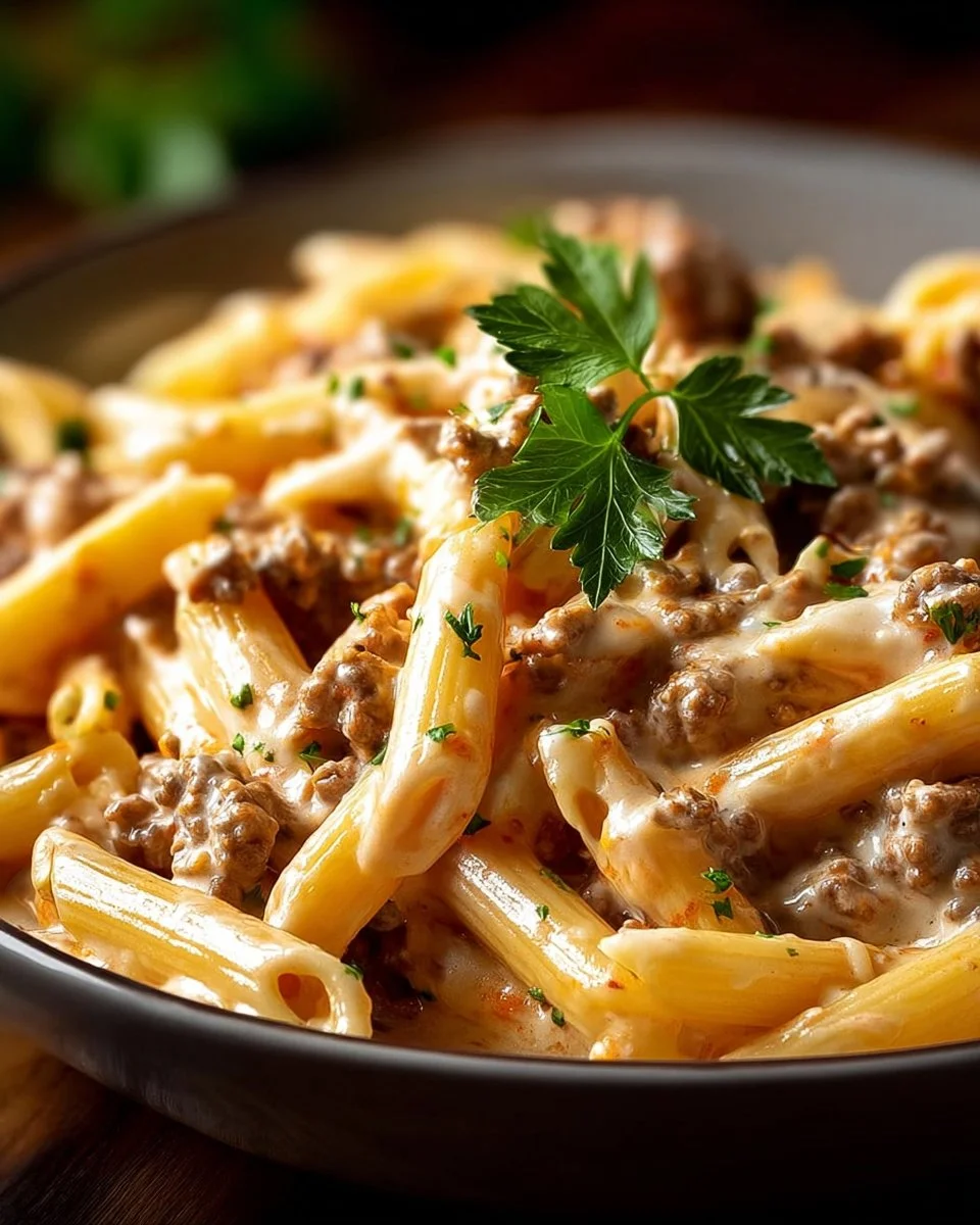 Creamy beef pasta dish with a rich sauce and garnished with herbs