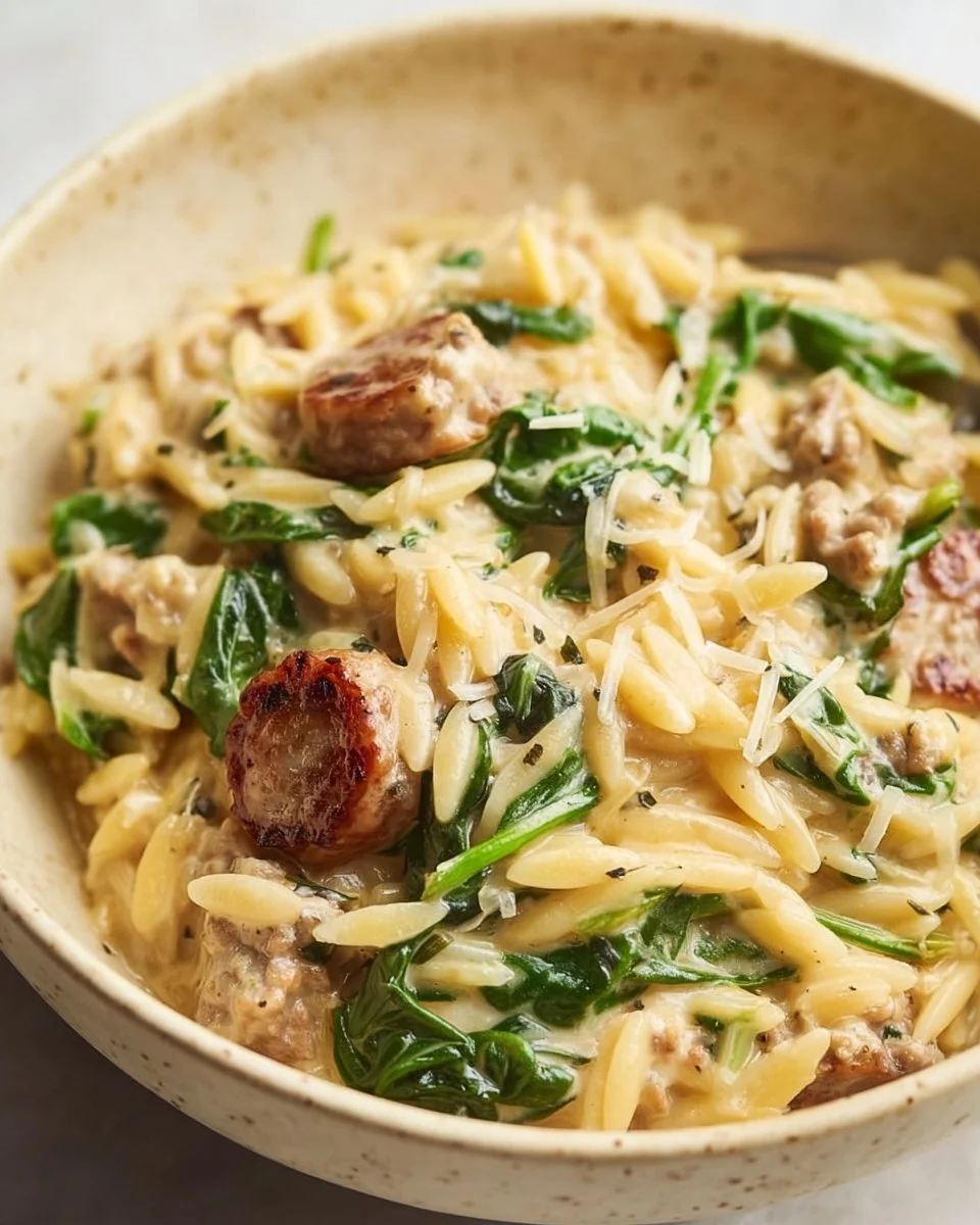 Creamy Garlic Parmesan Sausage Orzo 1 Creamy garlic parmesan orzo with sausage in a bowl