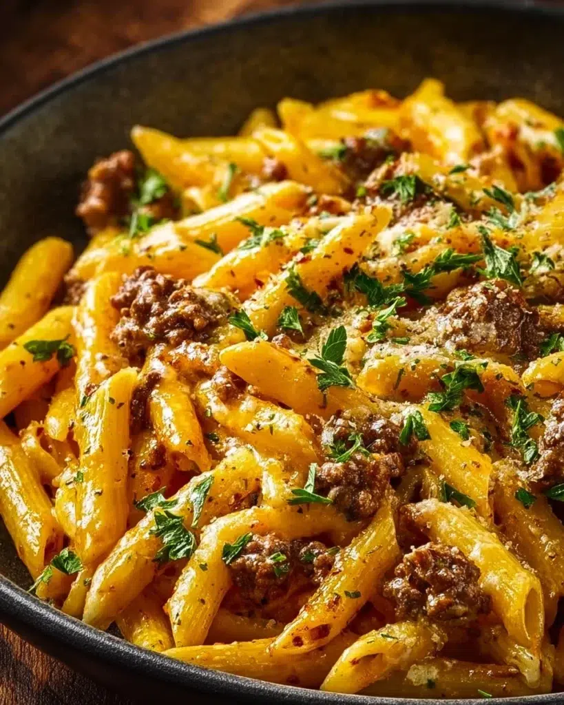 Creamy high protein beef pasta dish served in a bowl