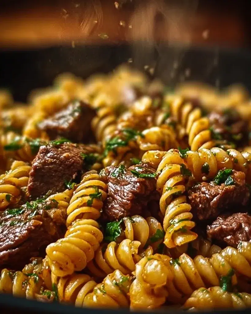 Creamy spicy garlic butter steak served with pasta, garnished with herbs