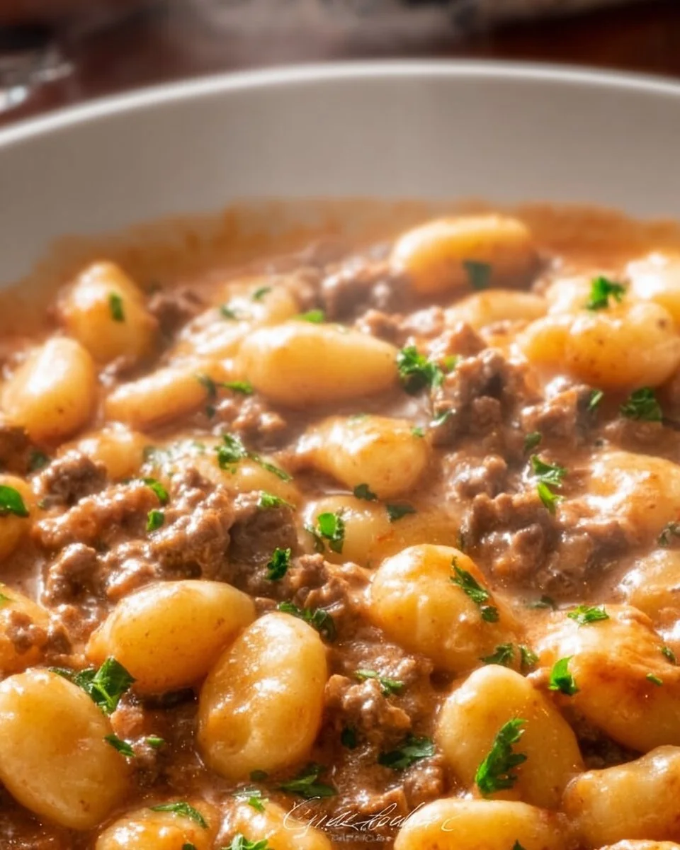 Creamy tomato gnocchi topped with ground beef, fresh herbs, and cheese in a bowl.