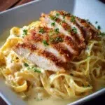 Plate of crispy chicken with creamy pasta in a rich sauce
