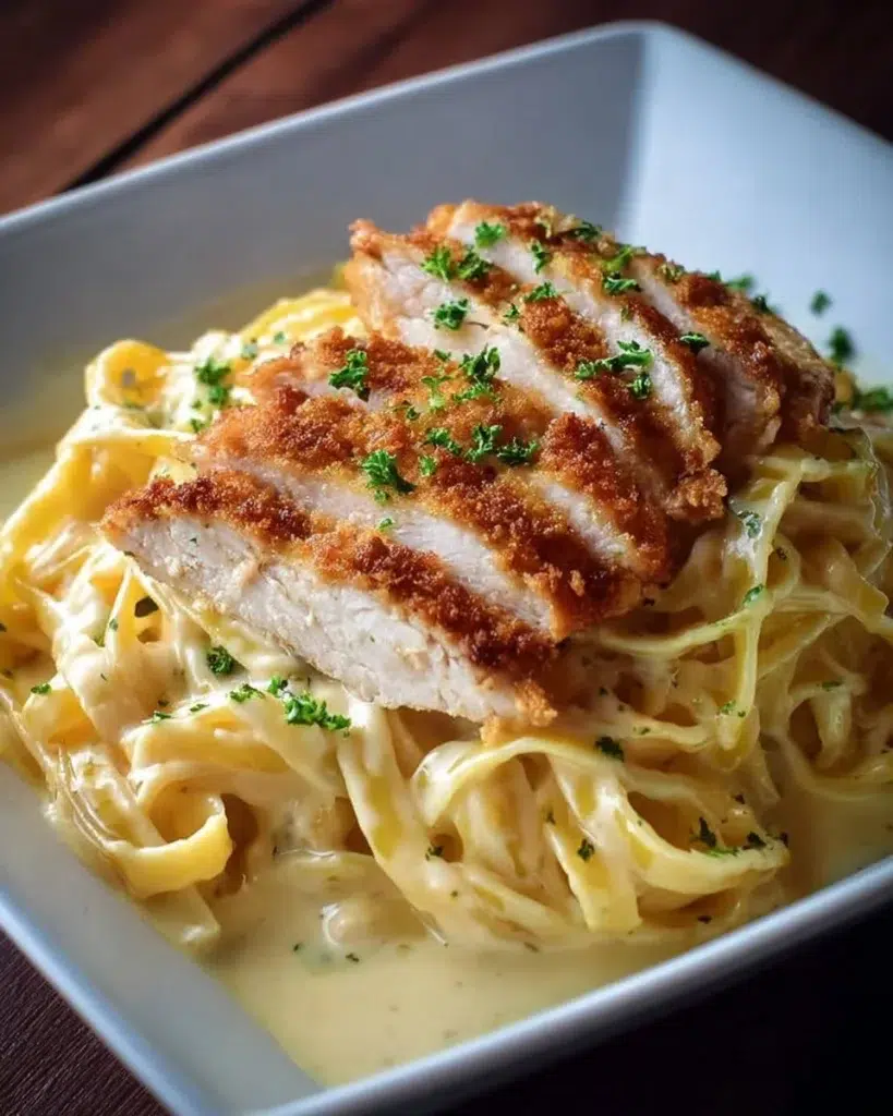 Plate of crispy chicken with creamy pasta in a rich sauce