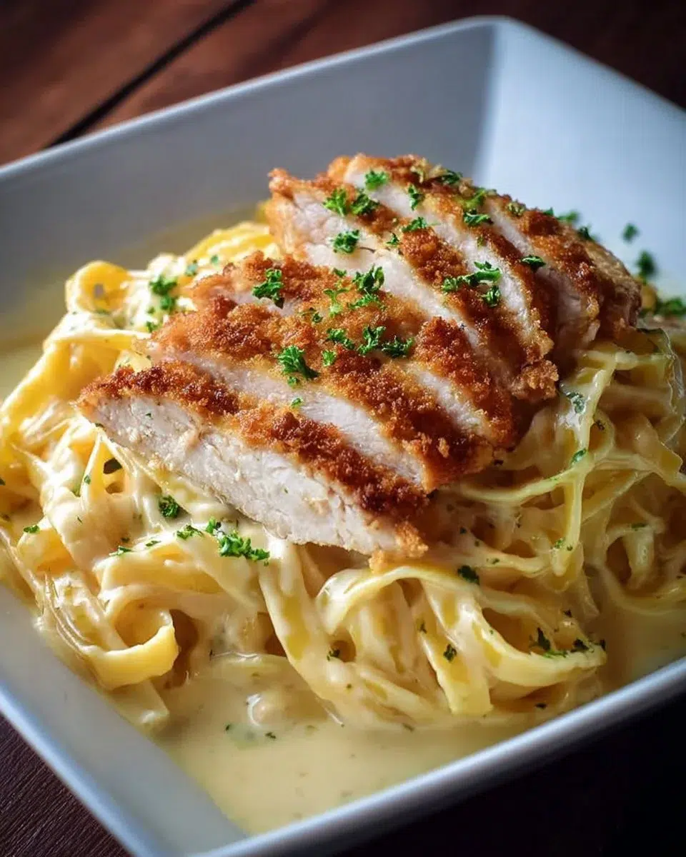 Plate of crispy chicken with creamy pasta in a rich sauce