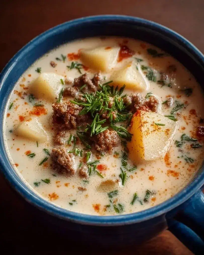 Crockpot Creamy Potato Hamburger Soup (Thick, Hearty & Feeds 6) 3 All ingredients measured and laid out on a cutting board