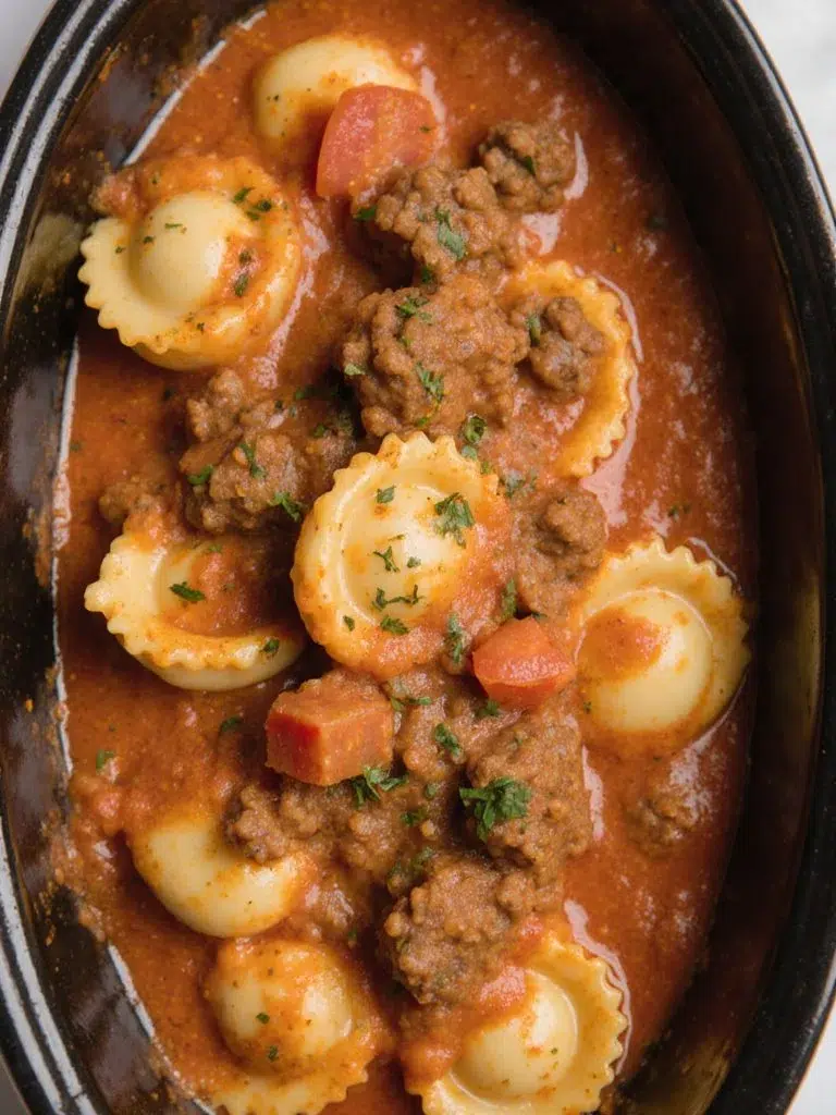 Delicious crockpot ravioli lasagna topped with cheese and herbs in a serving dish