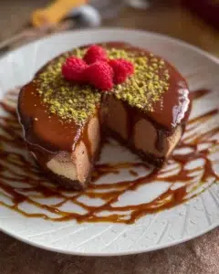 Delicious Dubai chocolate cheesecake with a creamy texture and chocolate topping