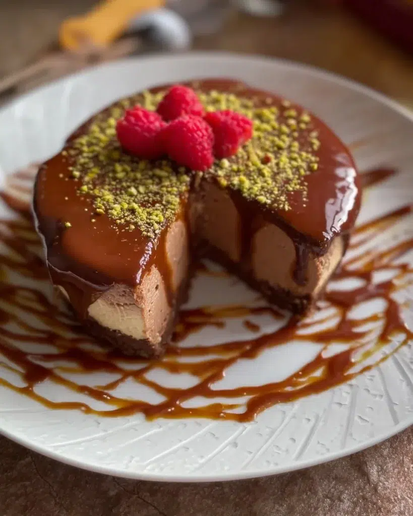 Delicious Dubai chocolate cheesecake with a creamy texture and chocolate topping