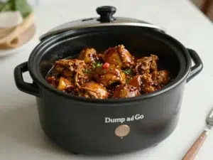 Delicious dump and go crockpot teriyaki chicken served with sesame seeds and green onions
