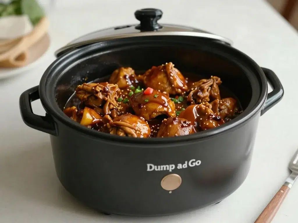 Delicious dump and go crockpot teriyaki chicken served with sesame seeds and green onions