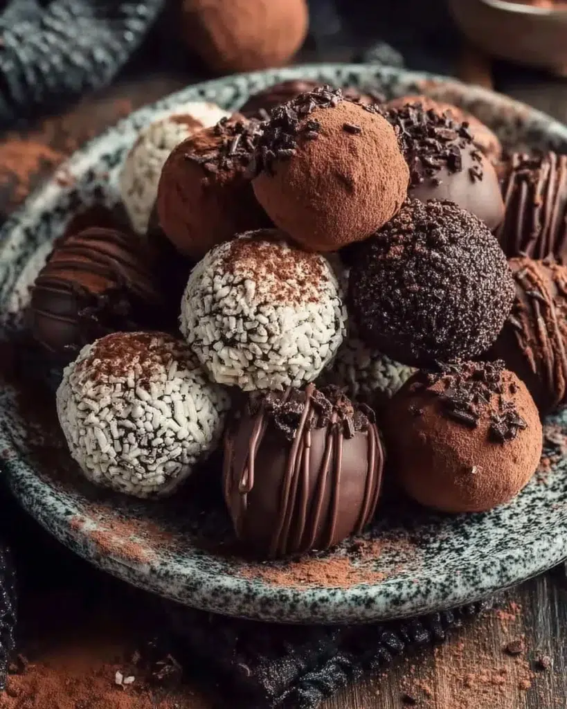 Easy no-bake chocolate truffles prepared with rich chocolate and rolled in cocoa.