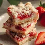 Easy summer shortcake bars topped with fresh strawberries on a plate.