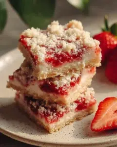 Easy Summer Shortcake Bars with Strawberries (Golden, Juicy & Perfect) 5 Easy summer shortcake bars topped with fresh strawberries on a plate.