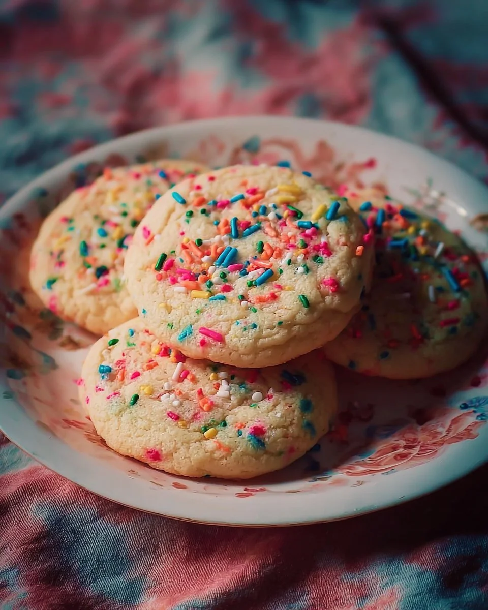 Funfetti Cookies 1 Delicious Funfetti Cookies with colorful sprinkles on a white plate