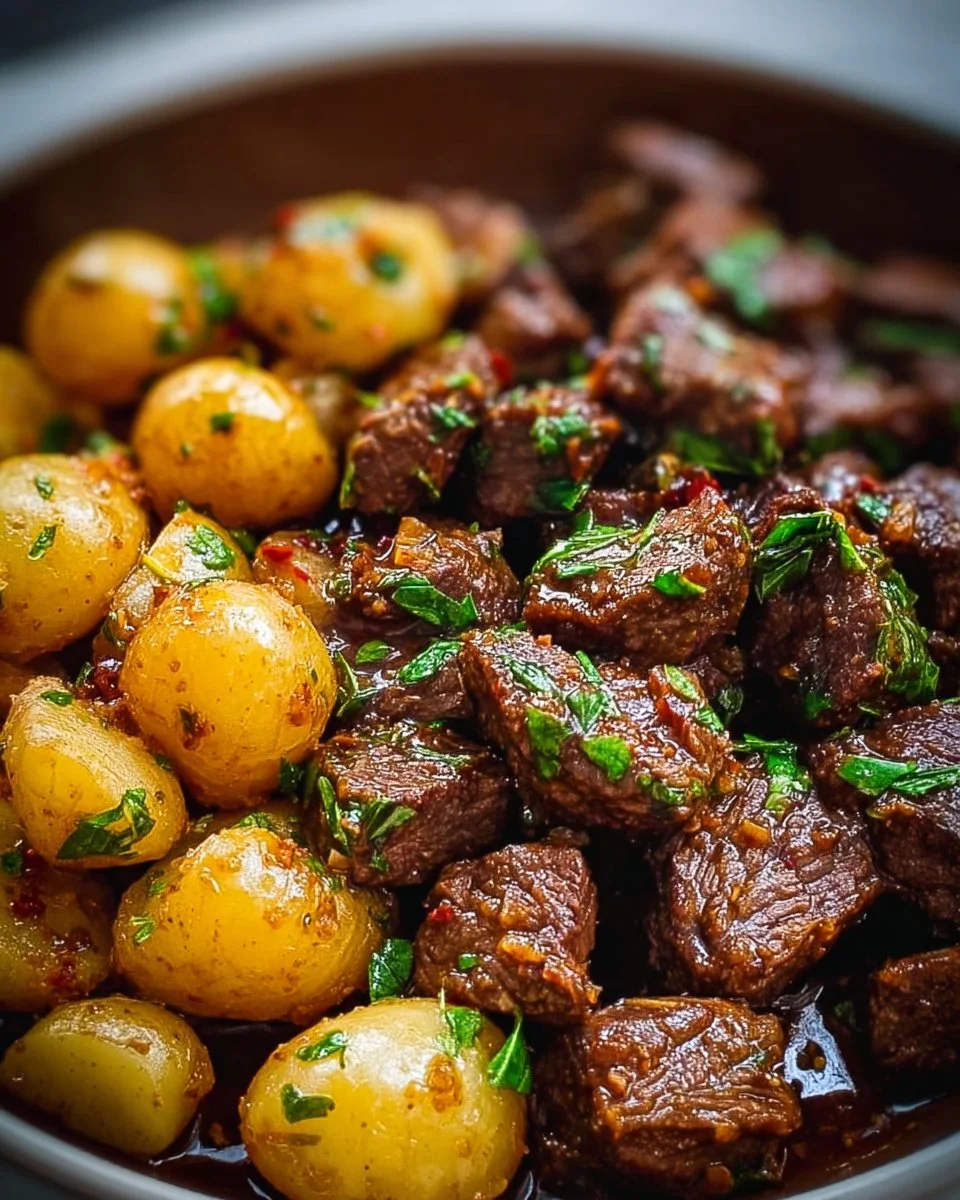 Garlic butter beef bites served with flavorful potatoes