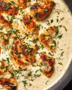 Creamy Garlic Herb Chicken with cream cheese and herbs on a plate