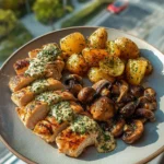 Grilled chicken wings served with roasted corn and sautéed green beans