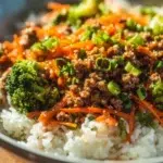 Ground Turkey Teriyaki Stir Fry with vegetables in a skillet