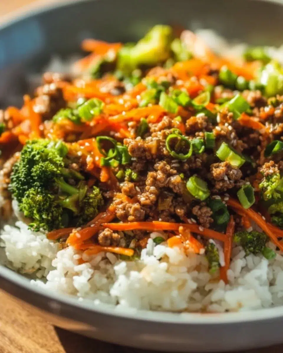 Ground Turkey Teriyaki Stir Fry with vegetables in a skillet