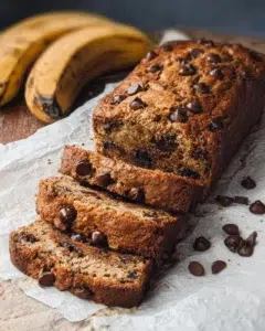 Healthier Chocolate Chip Banana Bread 8 Healthier chocolate chip banana bread with ripe bananas and chocolate chunks