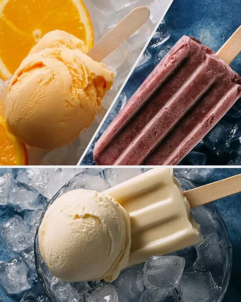A variety of healthy frozen treats like fruit popsicles and yogurt parfaits.