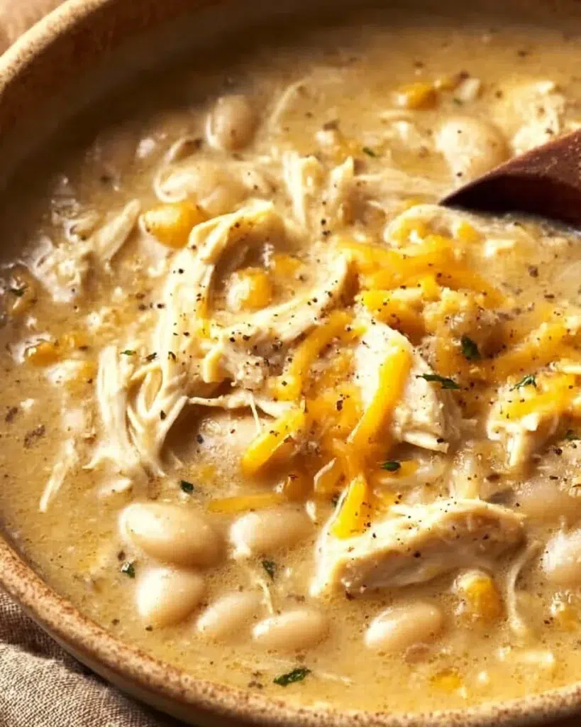 Healthy white chicken chili served in a bowl with toppings