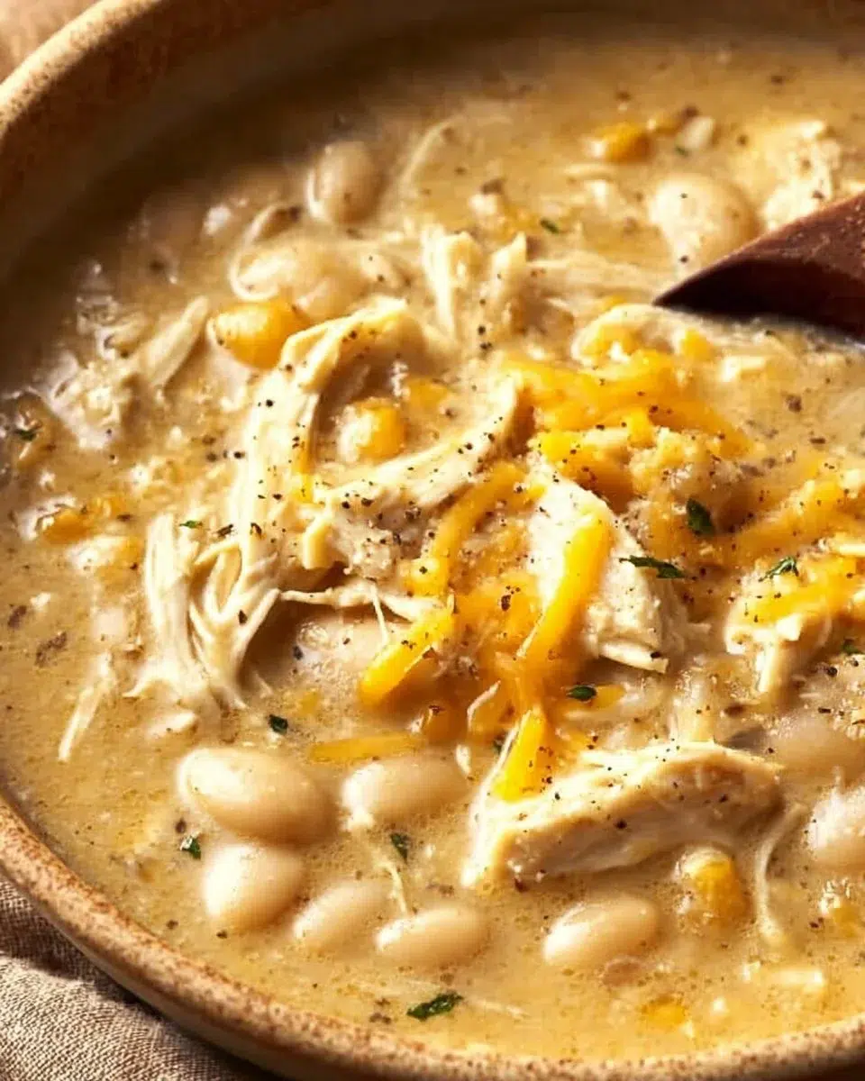 Healthy white chicken chili served in a bowl with toppings
