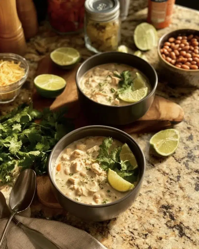 Keto cream cheese chicken chili served in a bowl, garnished with cilantro.