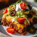 Low carb taco casserole topped with cheese and fresh ingredients