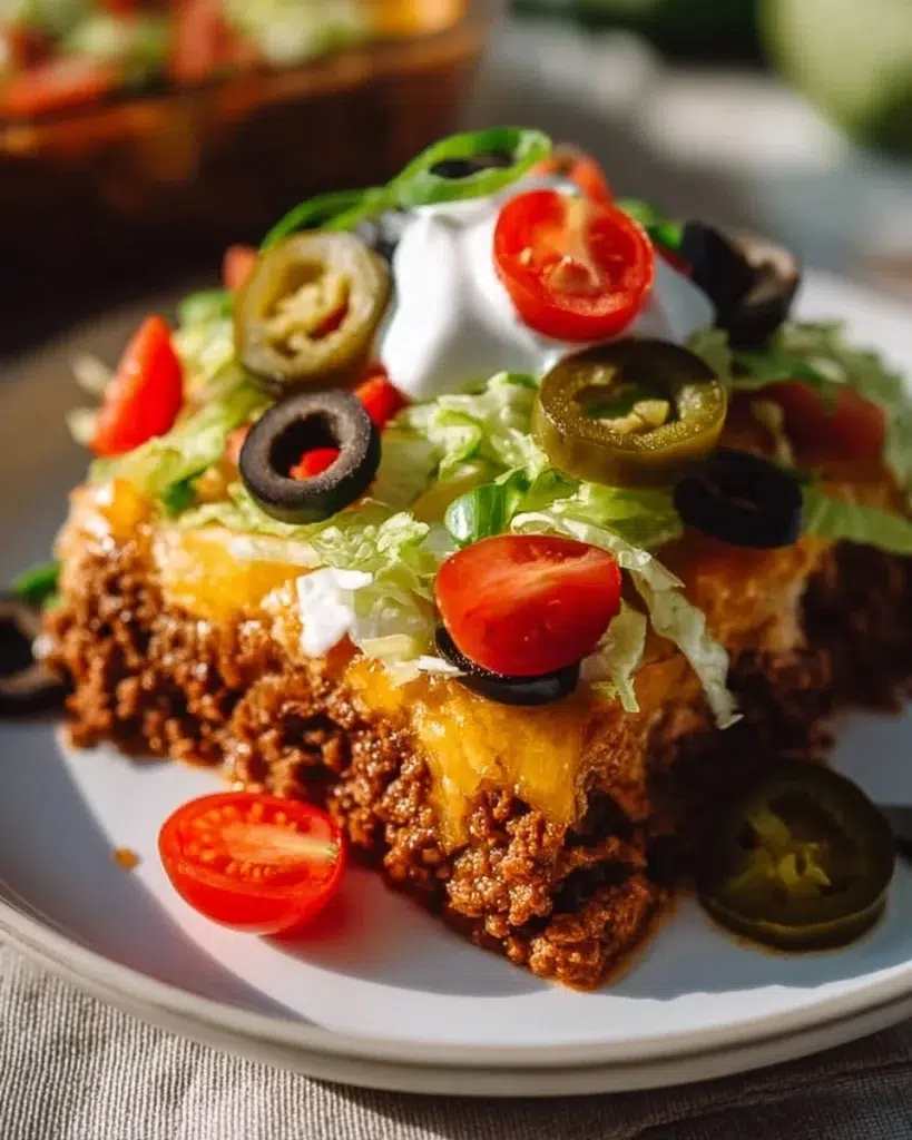 Low carb taco casserole topped with cheese and fresh ingredients
