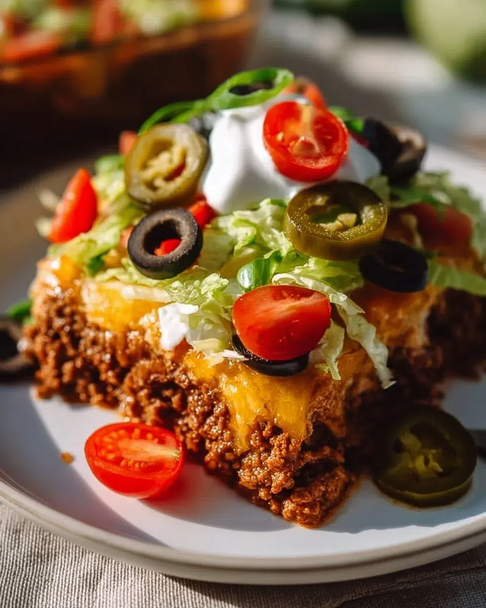Low carb taco casserole topped with cheese and fresh ingredients