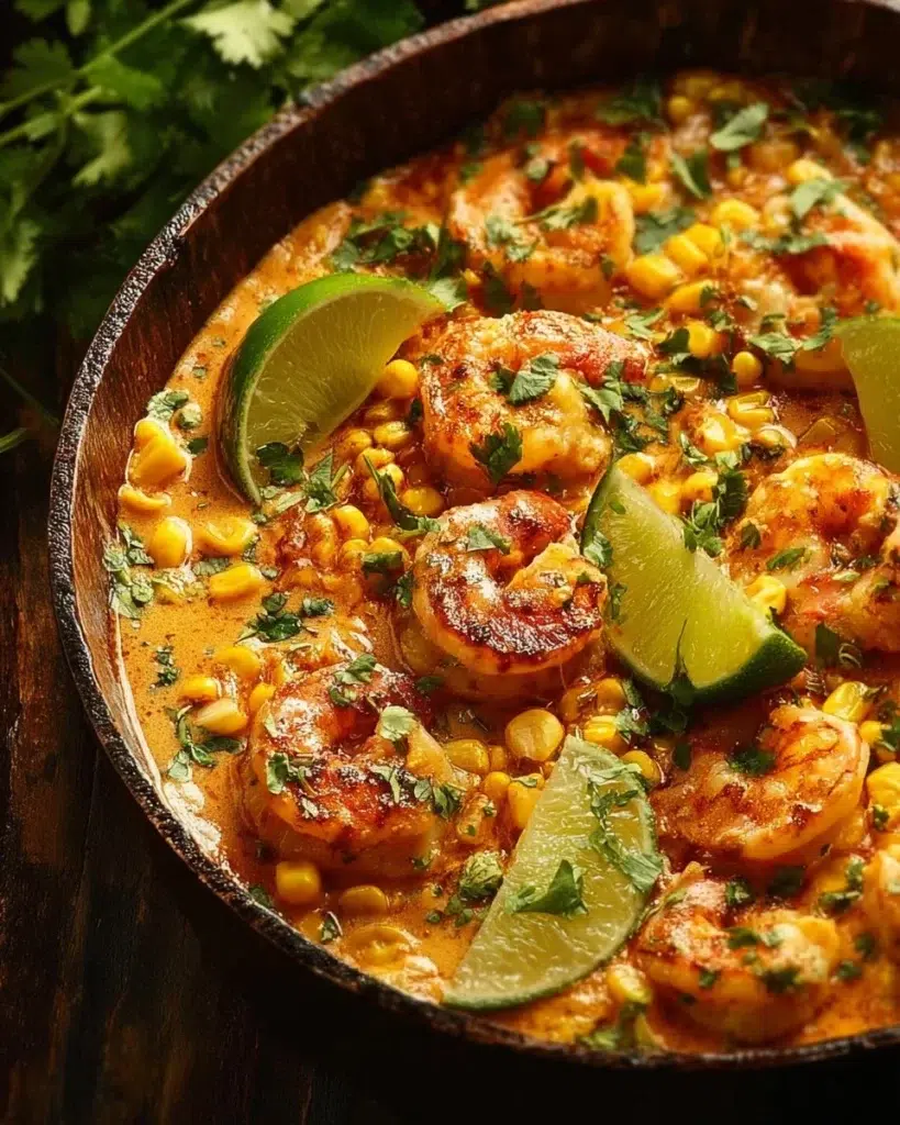 Mexican street corn with shrimp and creamy feta cheese sauce served in a bowl