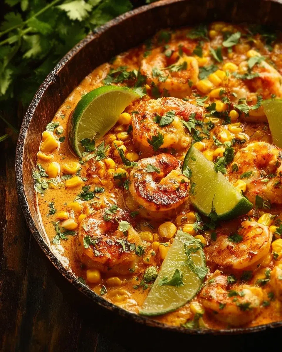 Mexican street corn with shrimp and creamy feta cheese sauce served in a bowl