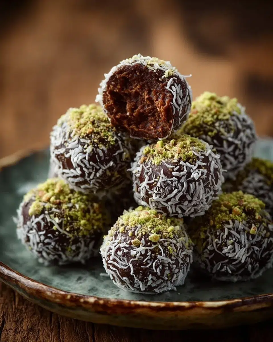 Delicious no-bake Dubai chocolate balls on a decorative plate