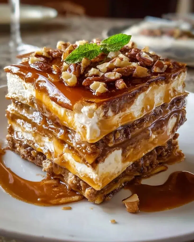 No-bake turtle lasagna topped with chocolate and caramel