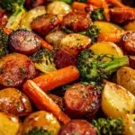 One-pan honey garlic kielbasa dish with colorful vegetables.
