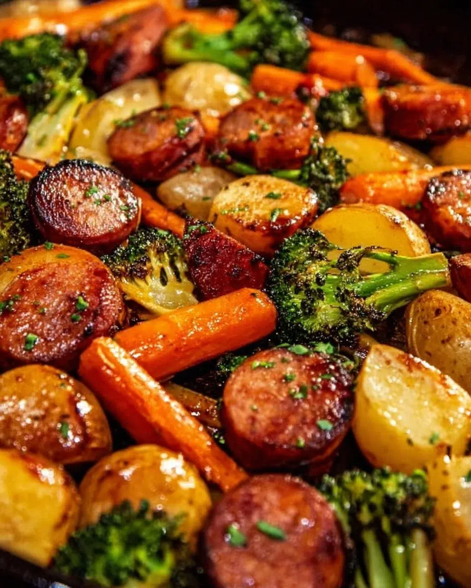 One-pan honey garlic kielbasa dish with colorful vegetables.